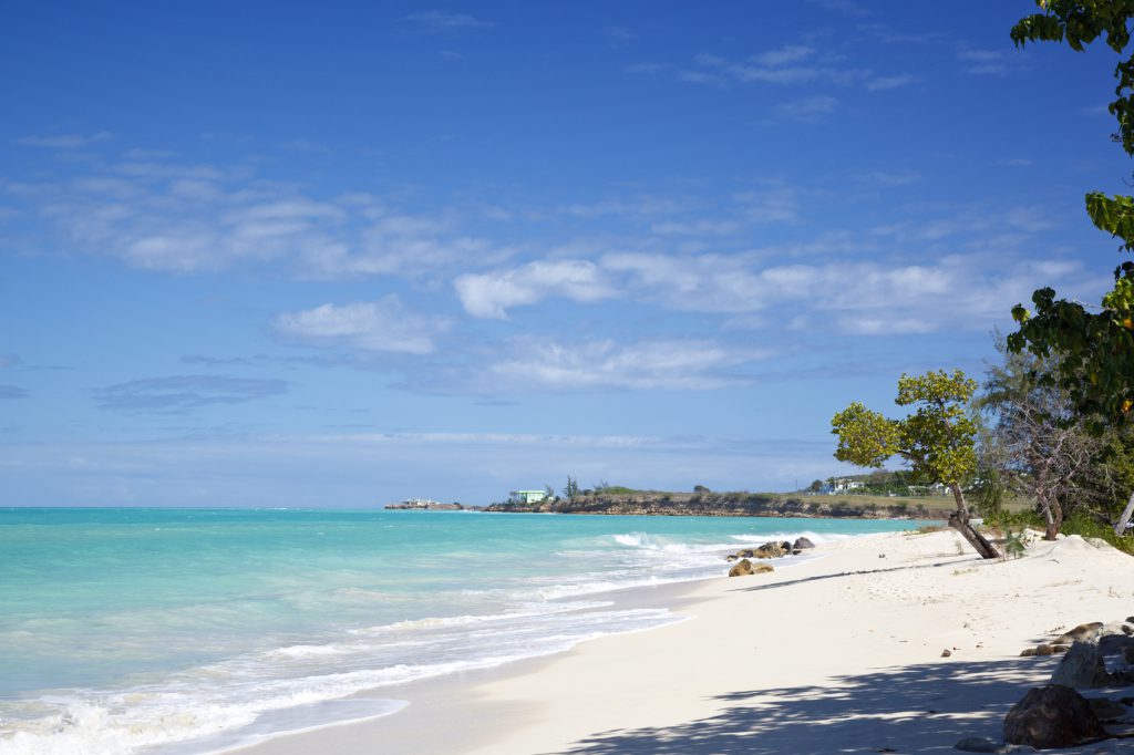 Fort Beach in Antigua with blue sky.