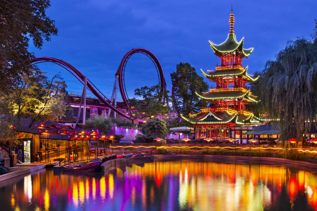 Copenhagen, Denmark - September 15, 2013: Chinese Pagoda at Tivoli Gardens.The amusement park is the second oldest in the world.