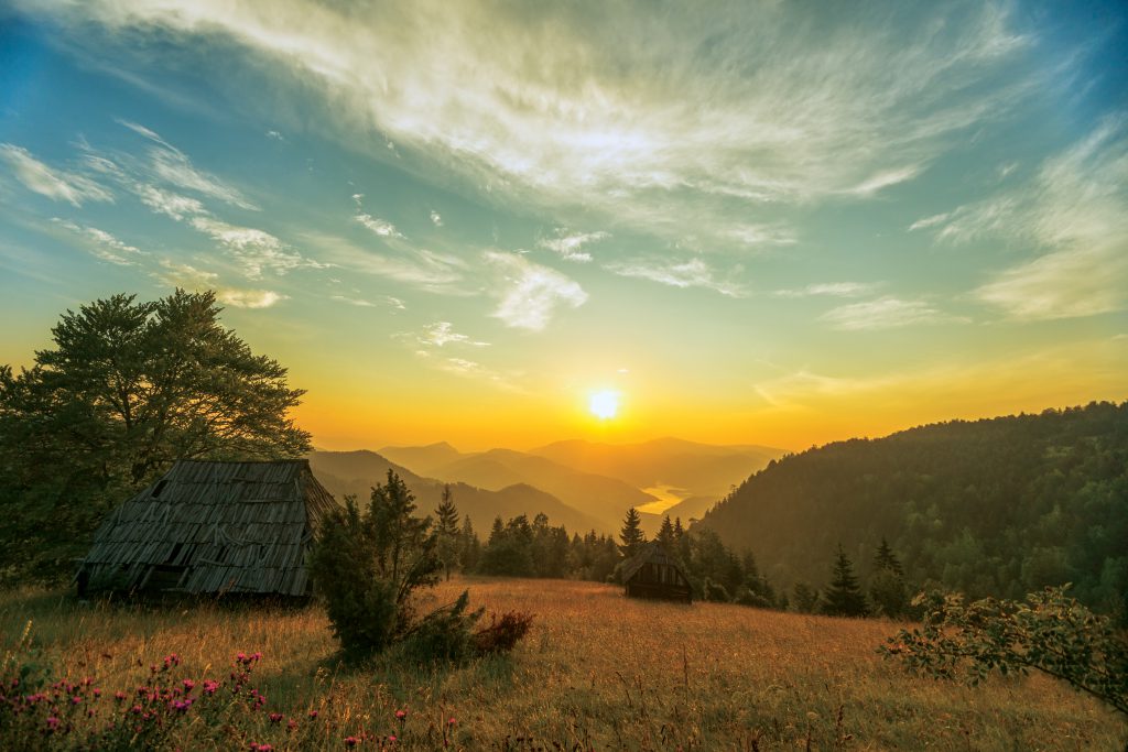 Beautiful summer sunset over Tara Mountain Range in western Serbia.